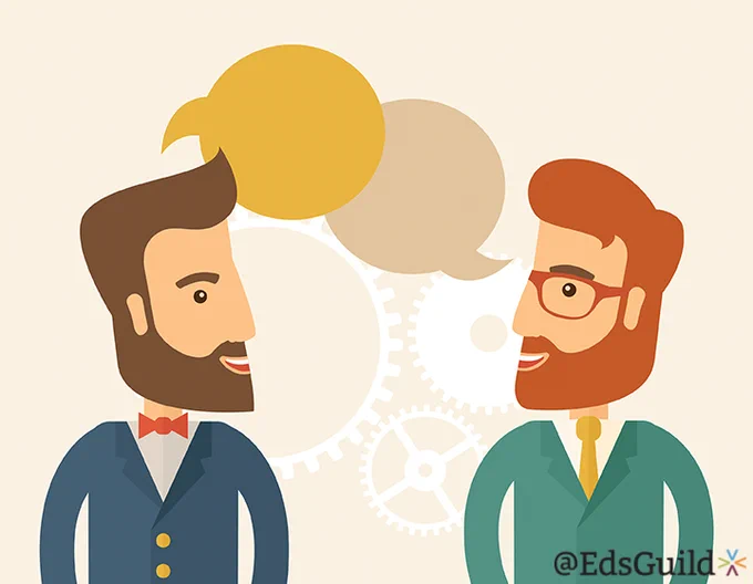 Illustration of two bearded men with dialogue bubbles over their heads and gears in the background. @EdsGuild.