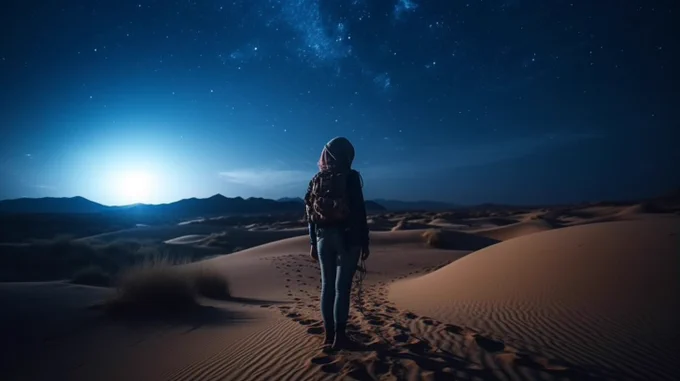 a girl trekking alone in the sahara desert,there is a mysterious glowing blue light in the middle, stars in the sky natural, sharp and detailed, 4k --ar 16:9 --v 5 --stylize 750