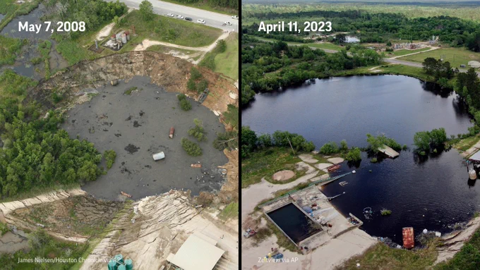A side-by-side aerial comparison of the sinkhole in 2008 and in 2023. In 2023, it is larger and filled with water.