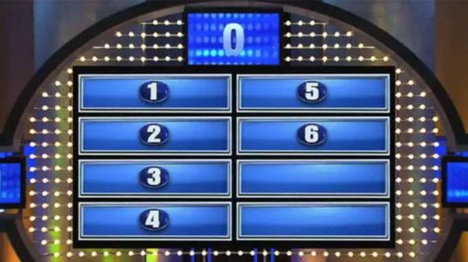 Picture of the board on Family Feud showing 6 slots for answers.