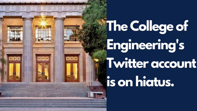 A picture of the Old Engineering building, which has three doors, three windows, and three columns. The text says, "The College of Engineering's Twitter account is on hiatus." 