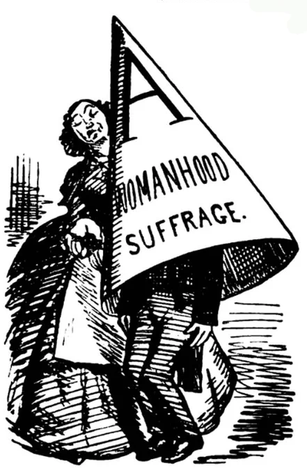 Cartoon showing a woman putting a big dunce's cap over a shrinking man!