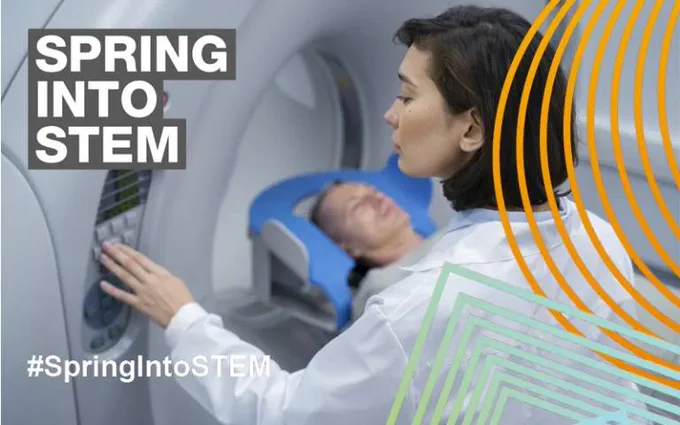 Image on text: spring into stem & #springintostem. Image shows a person taking a medical scan with a doctor present. There are colourful lines overlaying the image.
