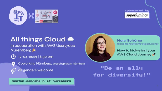 meetup banner for next she 'n IT nuremberg meetup featuring Nora alias wolkencode as speaker