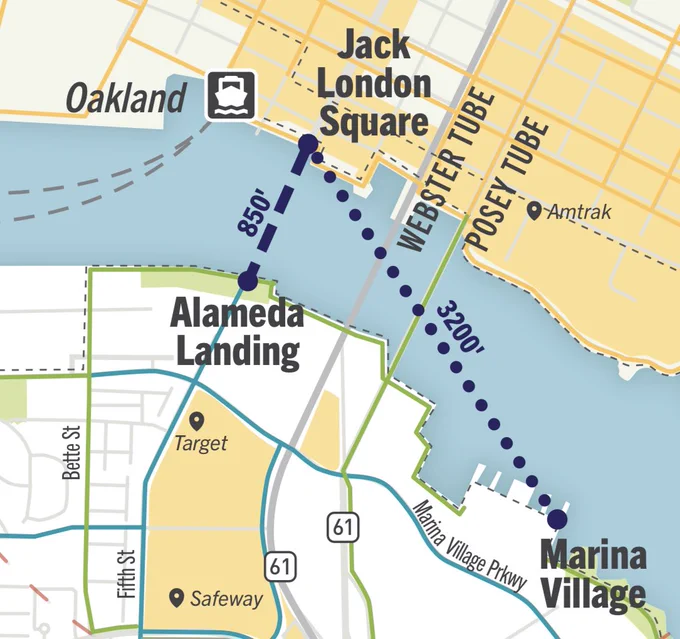Map illustration of the Oakland-Alameda Estuary, showing a dashed line and “850 feet” between Jack London Square and Alameda Landing, and a dotted line and “3200 feet” between Jack London Square and Marina Village