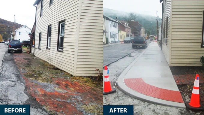 Before and after images of a sidewalk that was crumbling to a newly laid concrete sidewalk.