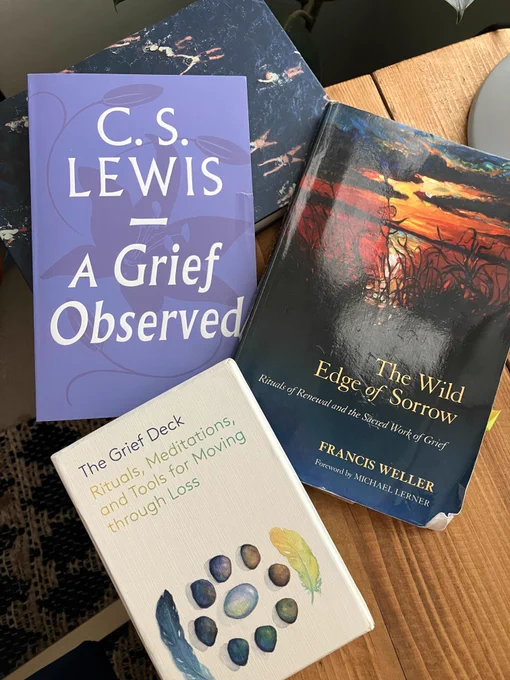 Recommended books for those moving through loss: A Grief Observed by C.S. Lewis, The Wild Edge of Sorrow by Francis Weller. Also included is a tarot-type deck, The Grief Deck, designed with rituals, meditations and tools for moving with loss. 