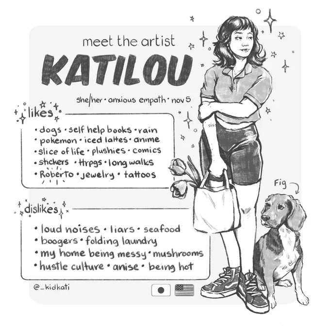 Infograph of me, Kati. A few of my likes and dislikes. A self portrait, and a portrait of my dog. A Japanese flag, and an American flag at the bottom