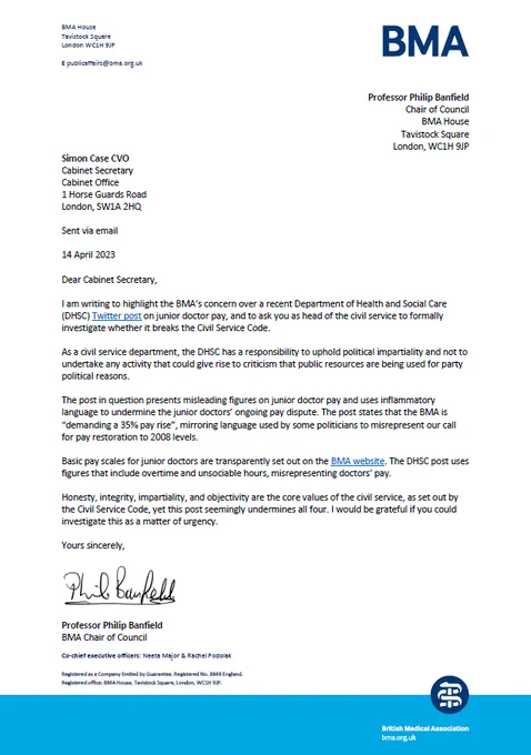 Letter to cabinet secretary from Professor Phil Banfield dated 14 April 2023 - requesting a formal investigation into a tweet from DHSC
