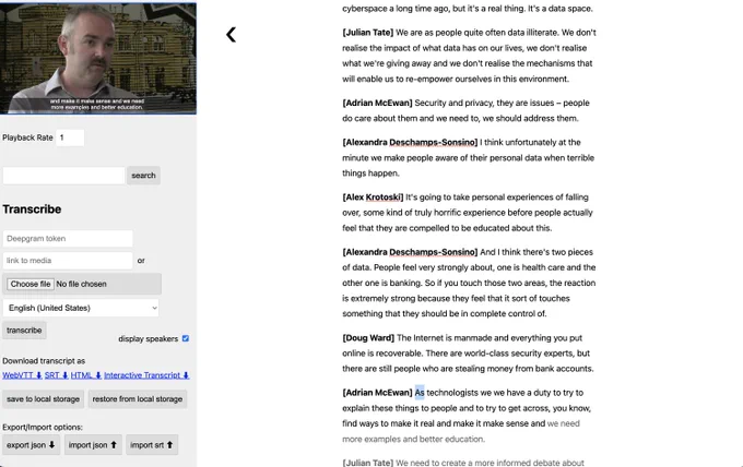 A screenshot of the current Hyperaudio Lite Editor with basic styling and layout. The screen is split into two panels, on the left we have a series of controls and the video, on the right an interactive transcript.
