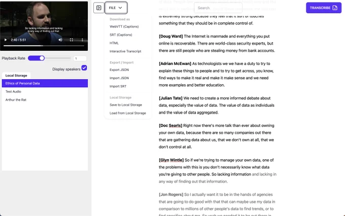 A screenshot of the Hyperaudio Lite Editor with experimental styling and layout. The screen is split into two panels, on the left we have a list of files and the video, on the right an interactive transcript, with a dropdown menu for file export and saving on display.