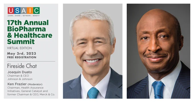 Don’t miss The CEO-to-CEO Conversation at #USAIC23: Johnson & Johnson's Chairman of the Board and CEO Joaquin Duato joins General Catalyst’s Kenneth C. Frazier (former Chairman & CEO of Merck) in a Fireside Chat about the future of BioPharma innovation, challenges facing the industry, diversity, equity and access.

Register now for USAIC’s 17th annual BioPharma & Healthcare Summit (May 3, virtual edition). Listen in to Duato, Frazier and an all-star lineup of BioPharma executives, investors and academic leaders in a virtual event chaired by Takeda's R&D President Andy Plump.

Free registration is available via our website as a service to the BioPharma community in these unprecedented times. Seats are limited. Please register today: https://usaindiachamber.org