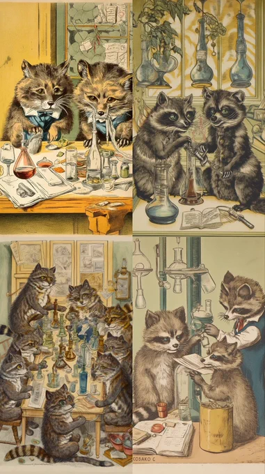 Raccoons doing science, louis wain (honestly looks like raccoons packing bongs, but still a win]) 