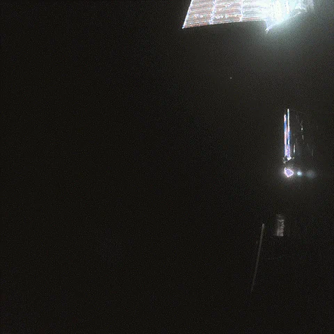 This image was taken by Juice monitoring camera 1 (JMC1), which is located on the front of the spacecraft and looks diagonally up into a field of view that will eventually see deployed antennas, and depending on their orientation, part of one of the solar arrays. Because of the acute viewing angle of the camera, only part of the array is seen, in this case part of the distinctive cross-shape pattern of one of the solar panels.