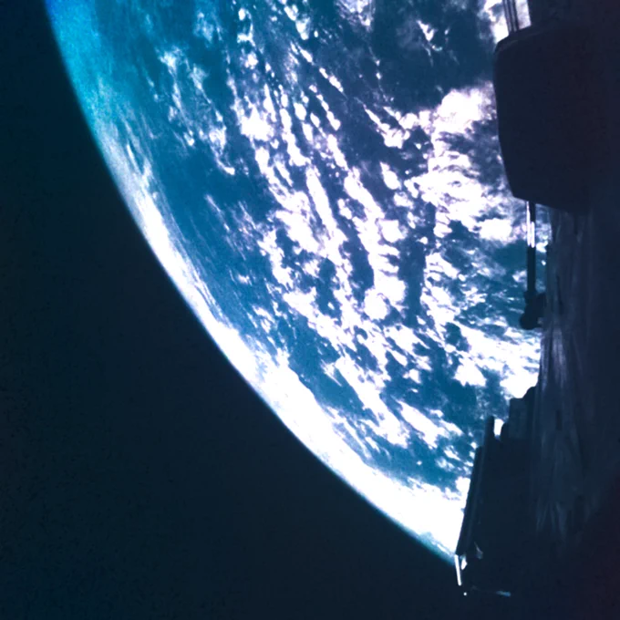 View of Earth as seen from Juice. The image was taken by Juice monitoring camera 1 (JMC1) at 14:18 CEST, following launch at 14:14 CEST. JMC1 is located on the front of the spacecraft and looks diagonally up into a field of view that will eventually see deployed antennas, and depending on their orientation, part of one of the solar arrays.