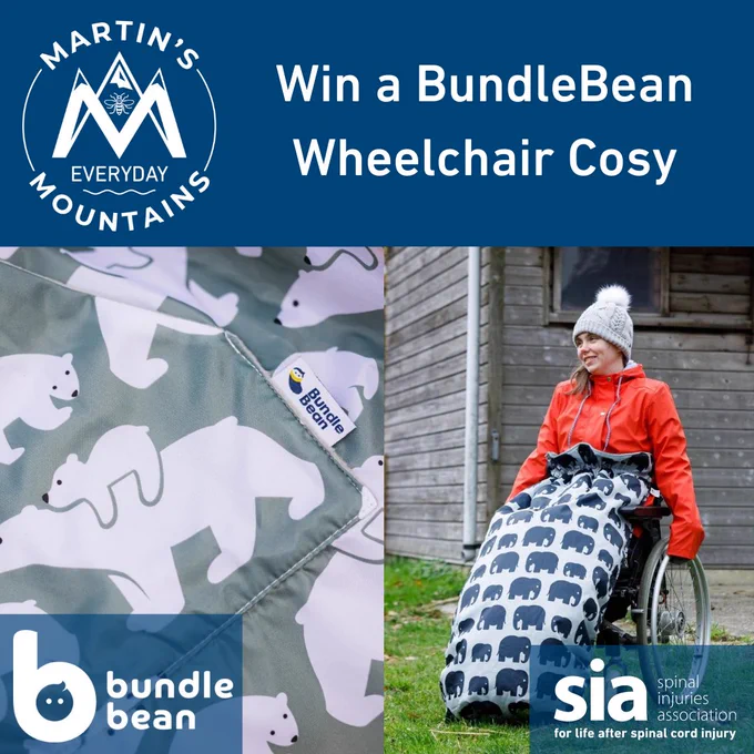 An SIA #EverydayMountains logo with the text 'Win a Bundlebean Wheelchair Cosy'.

Underneath, a picture of a wheelchair cost with a polar bear pattern, on the left.

On the right, a picture of a woman with a wheelchair cost with an elephant pattern.