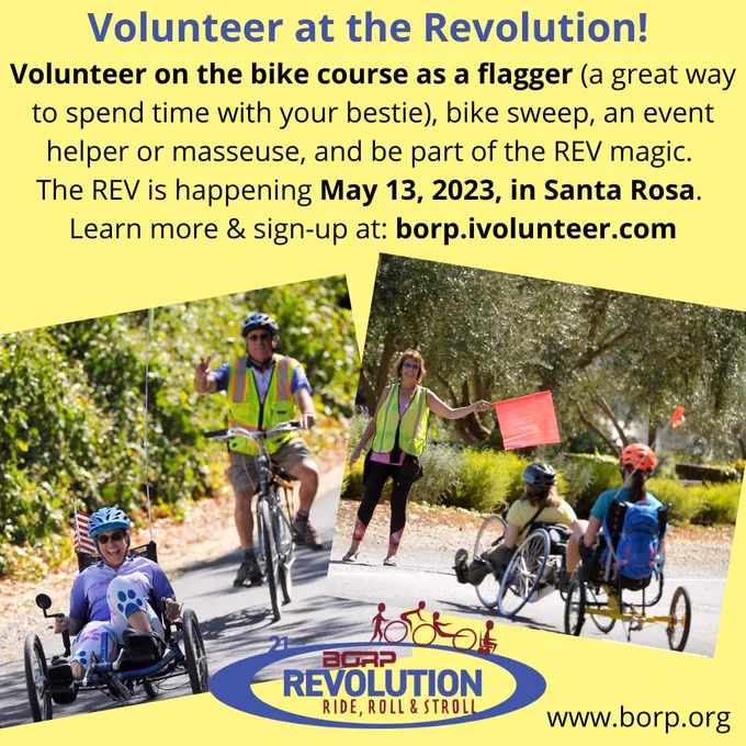 On a bright yellow background, there are two angeled photos below text. Left photo shows two bike riders, one on an adaptive bike and one on an analog bike, riding on a scenic road. Right photo: a volunteer in a hi-visibility vest, holding a neon square traffic control flag is seen signaling to riders on a 2-person seated bike. Above text: matches post.
