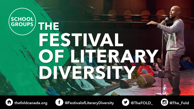 Rectangular graphic showing a young bald Somali-Canadian man on a stage performing poetry to a large group of school students. White text: SCHOOL GROUPS AT THE FESTIVAL OF LITERARY DIVERSITY. 