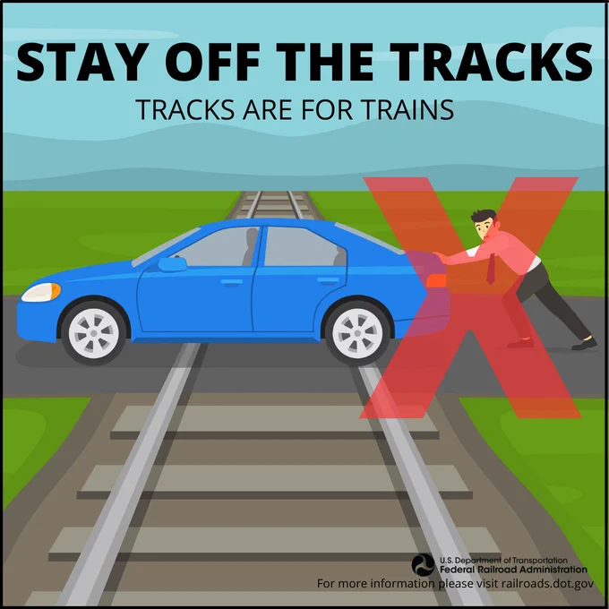 Text-Stay off the Tracks Tracks are for trains. Graphic-man pushing a stranded blue car through a grade crossing. For more information visit railroads.dot.gov FRA LOGO