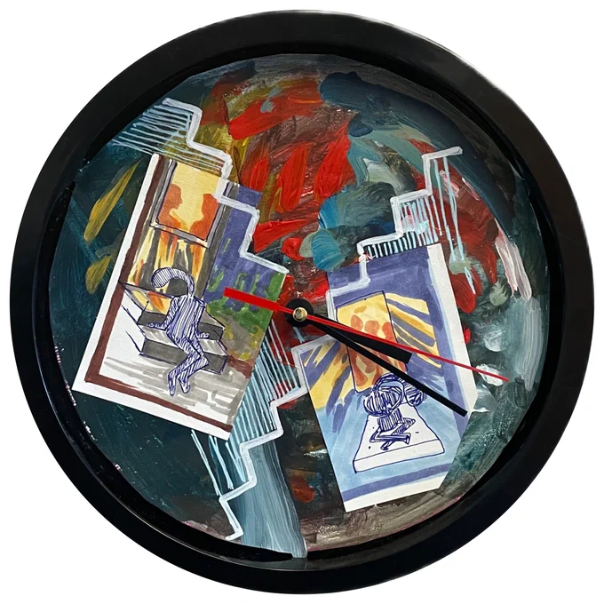 A clock with a painting inside of it.