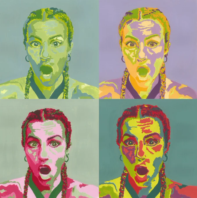 A painting of a person making a shocked face in different color schemes.