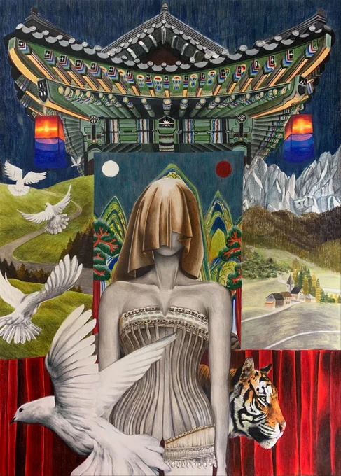 A painting of a person with a sheet obscuring their face, birds flying around them, as they stand in front of a building flanked by green hills and mountains.