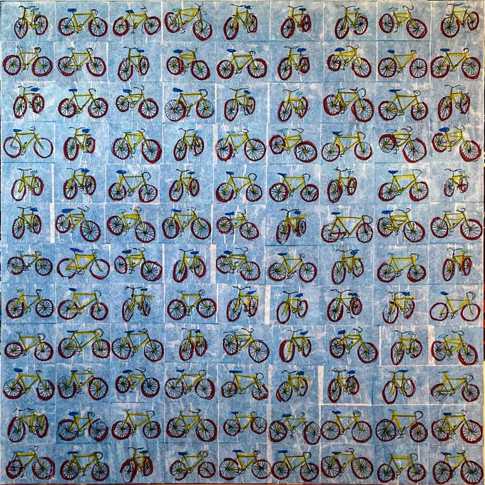A painting of bikes against a blue backdrop.