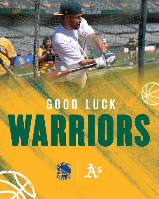 A photo of Steph Curry in A's gear taking batting practice with a gold overlay and white and green text overlay that reads "Good Luck Warriors"