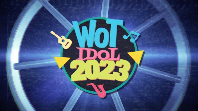 WoT Idol 2023 logo on a blue background with a 3D 7 spoked Wheel in the backround.