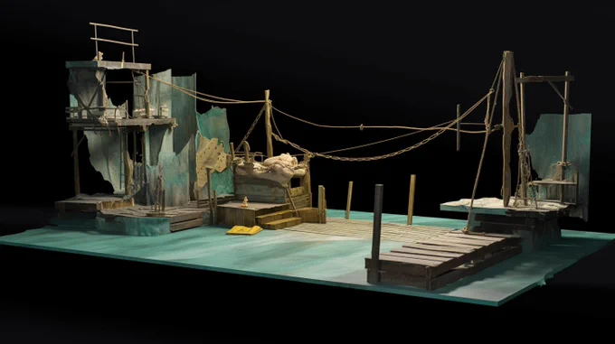 a dock for a stage design project, light teal and dark yellow, vray, maritime scenes, playful machines, use of earth tones, eroded interiors --ar 16:9 