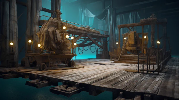 a dock for a stage design project, light teal and dark yellow, vray, maritime scenes, playful machines, use of earth tones, eroded interiors --ar 16:9 