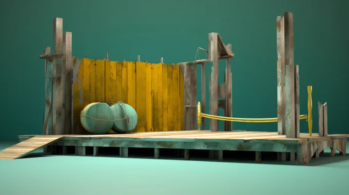 a dock for a stage design project, in the style of deconstructed objects, light teal and dark yellow, vray, maritime scenes, playful machines, use of earth tones, eroded interiors --ar 16:9