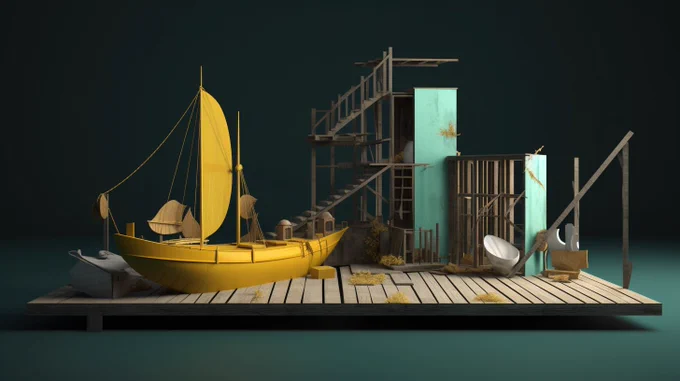 a dock for a stage design project, in the style of deconstructed objects, light teal and dark yellow, vray, maritime scenes, playful machines, use of earth tones, eroded interiors --ar 16:9
