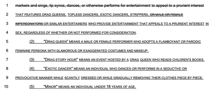 1 markers and sings, lip syncs, dances, or otherwise performs for entertainment to appeal to a prurient interest
2 THAT FEATURES DRAG QUEENS, TOPLESS DANCERS, EXOTIC DANCERS, STRIPPERS, OR MALE OR FEMALE
3 IMPERSONATORS OR SIMILAR ENTERTAINERS WHO PROVIDE ENTERTAINMENT THAT APPEALS TO A PRURIENT INTEREST IN
4 SEX, REGARDLESS OF WHETHER OR NOT PERFORMED FOR CONSIDERATION.
5 (2) "DRAG QUEEN" MEANS A MALE OR FEMALE PERFORMER WHO ADOPTS A FLAMBOYANT OR PARODIC
6 FEMININE PERSONA WITH GLAMOROUS OR EXAGGERATED COSTUMES AND MAKEUP.
7 (3) "DRAG STORY HOUR" MEANS AN EVENT HOSTED BY A DRAG QUEEN WHO READS CHILDREN'S BOOKS.
8 (4) "EXOTIC DANCER" MEANS AN INDIVIDUAL WHO DANCES OR PERFORMS IN A SEDUCTIVE OR
9 PROVOCATIVE MANNER WHILE SCANTILY DRESSED OR WHILE GRADUALLY REMOVING THEIR CLOTHES PIECE BY PIECE.
10 (5) "MINOR" MEANS AN INDIVIDUAL UNDER 18 YEARS OF AGE