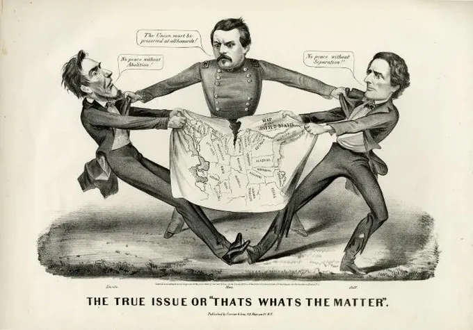 A Civil-War era political cartoon. Two figures contend pull on opposite sides of a map of the United States that is beginning to tear. On the right, Jefferson Davis offers the extreme, extremist (and false) position “No peace without separation!” On the left, Abe Lincoln offers the extreme (and accurate) position “No peace without abolition!” In the middle, Lincoln’s opponent, the pro-appeasement presidential aspirant General McClellan suggests the non-extreme, but extremist, centrist position “The Union must be preserved at all hazards!”