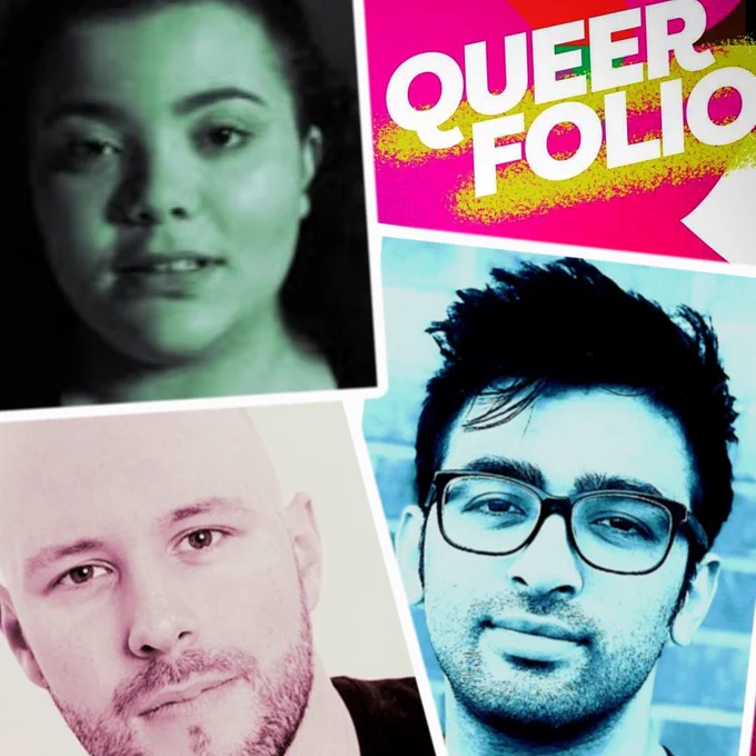 A collage of three headshots. Top left - a person of mixed heritage with long dark hair bathed in green light. Bottom left - a bald white person with short beard bathed in pink light. Bottom right - an Asian person with short dark hair, glasses and stubble bathed in blue light.