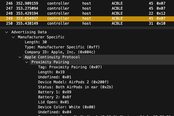 Wireshark screenshot showing airpods status 