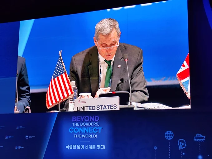 CBP Acting Deputy Commissioner Huffman provides opening remarks along with international heads of customs during the Korea Customs Week 2023 conference in Seoul, South Korea.