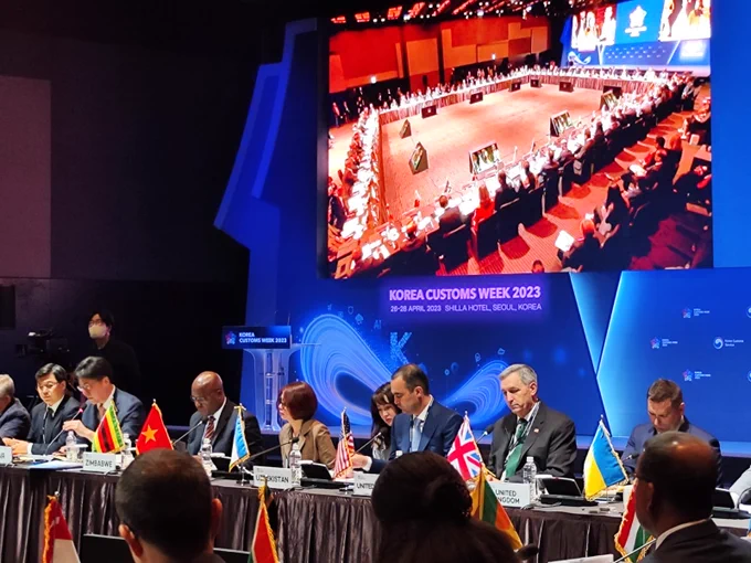 CBP Acting Deputy Commissioner Huffman provides opening remarks along with international heads of customs during the Korea Customs Week 2023 conference in Seoul, South Korea.