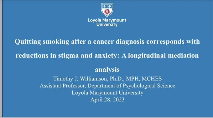 A title slide for a research presentation entitled “Quitting smoking after a cancer diagnosis corresponds with reduction in stigma and anxiety: a longitudinal analysis” for the SBM 2023 conference.