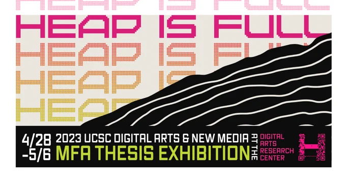 Poster for HEAP IS FULL exhibition, text behind black hillside