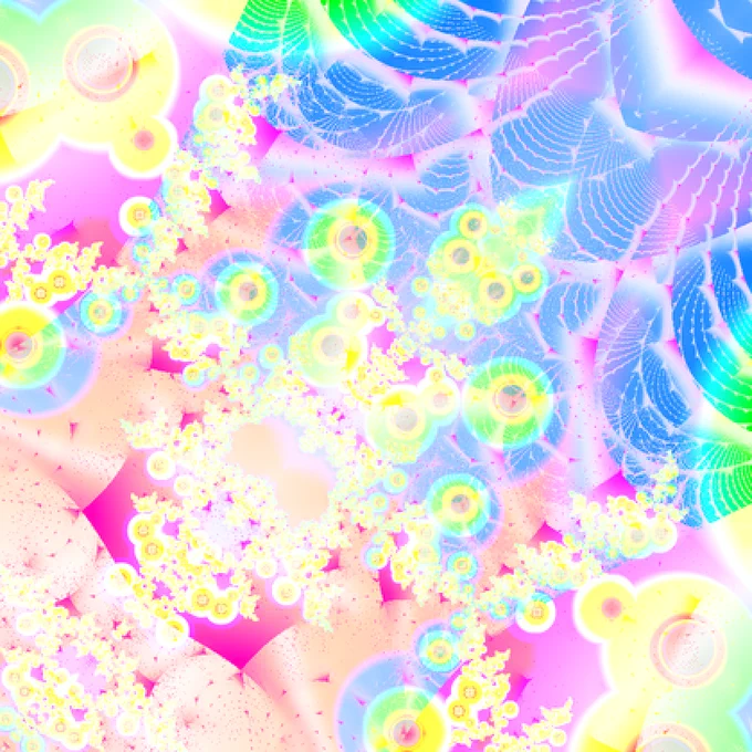 Pastel colored render of fractal image in shades of green, pink, yellow, blue, and purple. Circle shapes, lines, and waves can be seen.