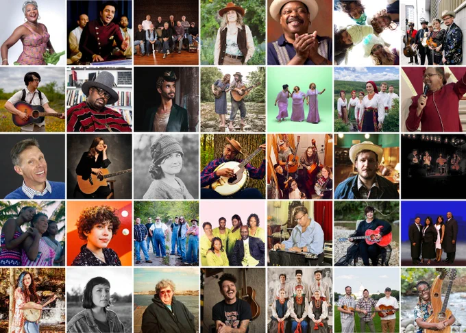 Grid of 35 square photos of artists and bands.