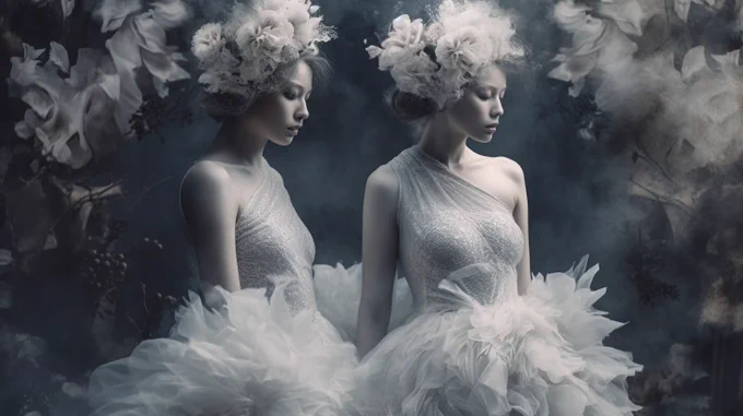 the void ii hd wallpaper, in the style of contemporary fairy tale, white and silver, double exposure, dreamlike figures, emotional and dramatic scenes, made of flower petals, antebellum gothic