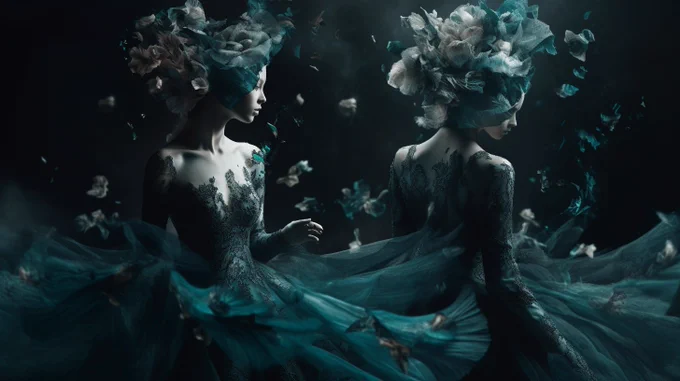 the void ii hd wallpaper, in the style of contemporary fairy tale, light black and dark aquamarine, double exposure, dreamlike figures, emotional and dramatic scenes, made of flower petals, antebellum gothic 