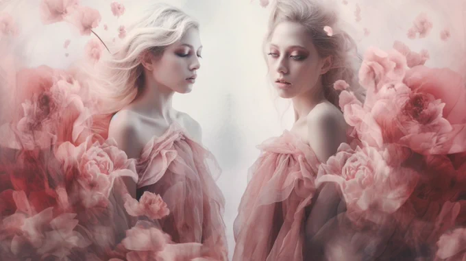 the void ii hd wallpaper, in the style of contemporary fairy tale, light pink and red, double exposure, dreamlike figures, emotional and dramatic scenes, made of flower petals, antebellum gothic