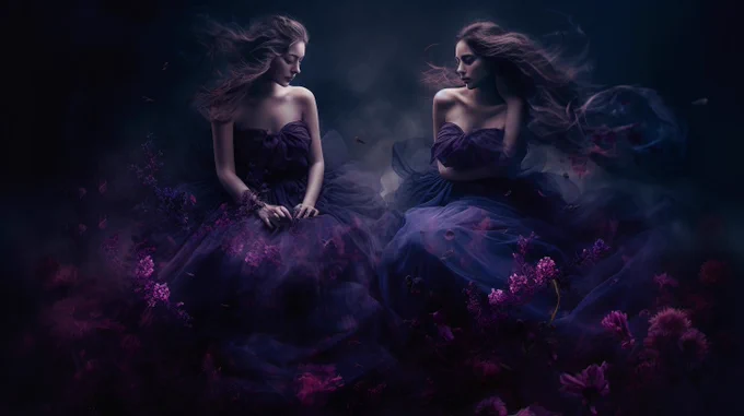 the void ii hd wallpaper, in the style of contemporary fairy tale, deep purple and violet, double exposure, dreamlike figures, emotional and dramatic scenes, made of flower petals, antebellum gothic