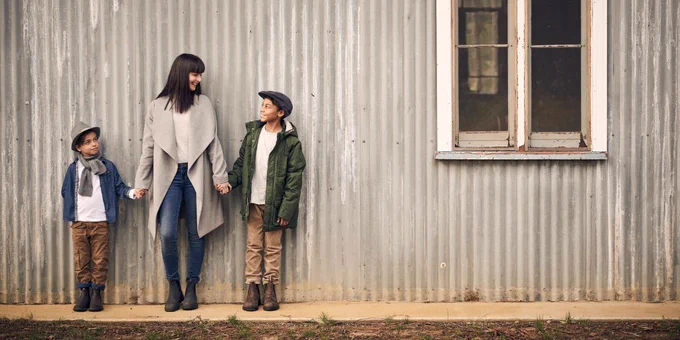Mom with two boys wearing Blundstone boots.