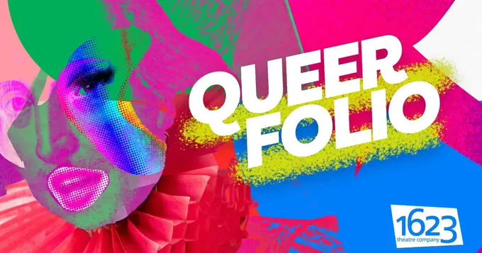 A vibrant, multi-colour image for 1623 theatre's Queer Folio project, including Shakespeare collage, fusing a mix of Shakespeare himself and patches of eye make-up, lipstick and a huge pink ruff.
