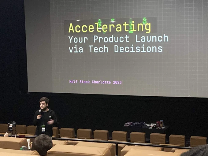 Wix Developer Advocate Thomas Jimenez speaking at HalfStack conference in Charlotte. His talk is titled, "Accelerating Your Product Launch via Tech Decisions".